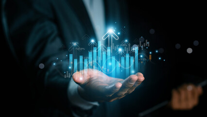 Business growth and investment for business target concept,  arrows pointing up, Planning, good sales performance return on investment, opportunity, challenge business strategy. Stock market chart