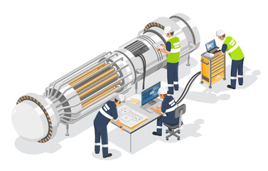 research and development engineers working on advanced diagnostics of compact micro small nuclear reactor using digital tools and blueprints in a high tech laboratory environment isometric