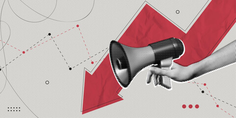 Trendy Halftone Collage Hand holding Megaphone with downward arrow symbol of financial problems, business failure and falling trading market. Inflation and crisis. Contemporary vector illustration art