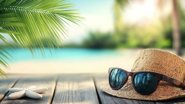 Enjoy a peaceful summer moment with sunglasses resting on a wooden surface. Nearby, seashells and palm leaves frame a serene ocean view under sunlight, evoking a sense of tranquility