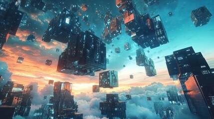 A futuristic cityscape of floating geometric buildings in the clouds