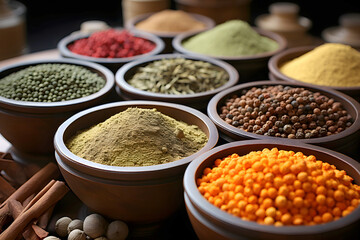 Colorful spices arranged in bowls on a wooden surface, showcasing various textures and shades in a vibrant market display