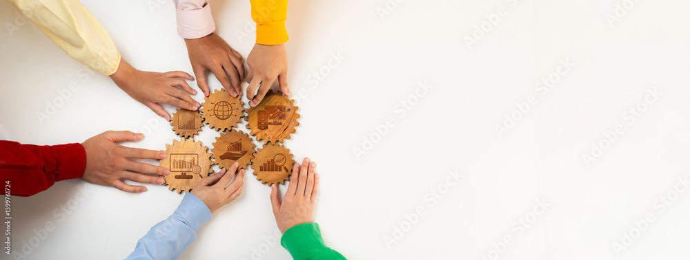 Poster collaborative hands working on analytics and data visualization concepts with wooden gears on a clea