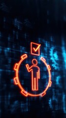 Icon of digital security with orange and blue neon lights, symbol of protection, Iso Certified digital system, strong Quality Assurance meets ISO standards