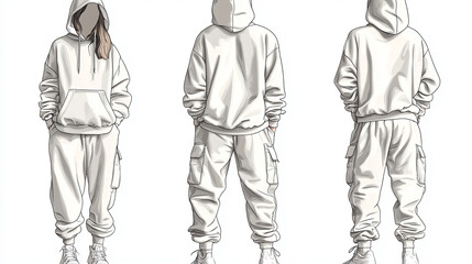 White hoodie and cargo pants outfit fashion design template for clothing brand and street style inspiration
