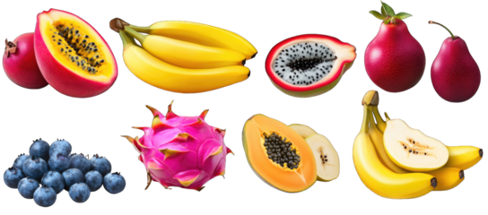 vibrant assortment of fruits including bananas papaya dragon fruit blueberries and pears showcasing their colors and textures for a visually appealing representation of healthy food choices