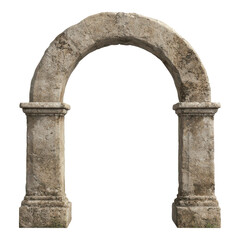 A weathered stone archway with rounded top and cylindrical columns, showcasing intricate details and an ancient appearance.