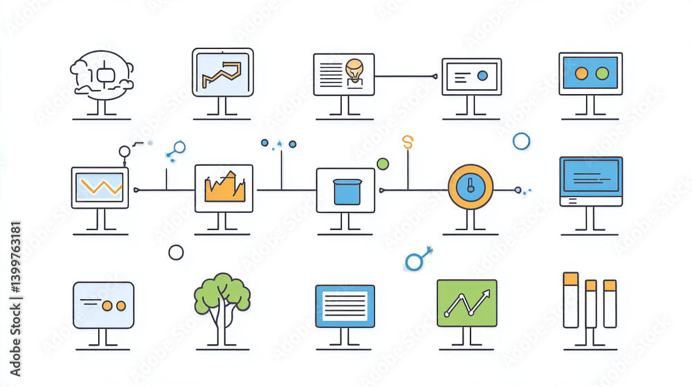 Poster data analysis network flow chart with computers and graphs for business intelligence process diagram