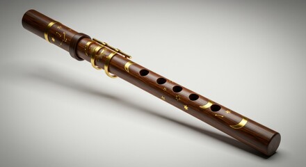 Fototapeta premium Elegant wooden flute with intricate golden designs, resting on a neutral background, showcasing craftsmanship - flute wood