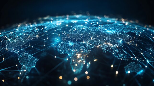 Digital world map with interconnected nodes and glowing lights on a dark background display network