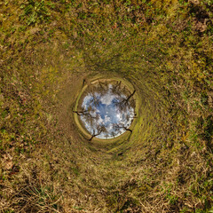 blue hole sphere or globe little planet inside grass or sand or dry ground frame background with...