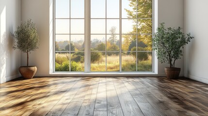Fototapeta premium Serene Sunlight Streaming Through Large Window in Minimalist Room