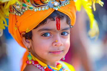 An Indian boy dressed as Bal Gopal, his innocence and mischief reminiscent of Lord Krishna's childhood on Janmashtami.