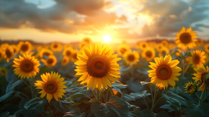 Fototapeta premium Sunflower, Field, Sunset, Landscape Landscape Wallpaper Background for Desktop, Mobile, Website, Prints