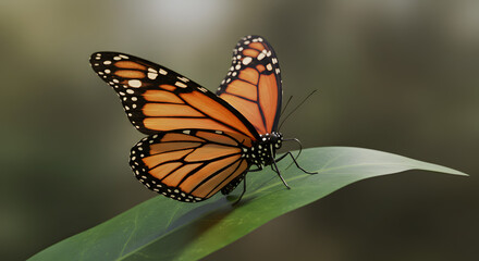 Obraz premium Vivid orange butterfly, likely a Monarch, shown resting on a surface with wings slightly open, highlighting its iconic pattern.