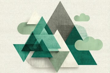 Abstract geometric composition with layered green triangles and rounded clouds on soft textured surface. Digital art wallpaper
