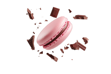 a floating pink macaron surrounded by chocolate pieces showcasing a delightful dessert concept. elegance and sweetness of pastries appealing to food lovers and dessert enthusiasts