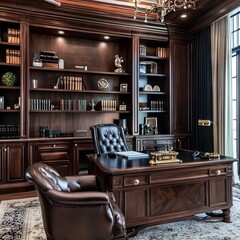 A meticulously appointed, classic mahogany office with extensive built-in bookshelves.