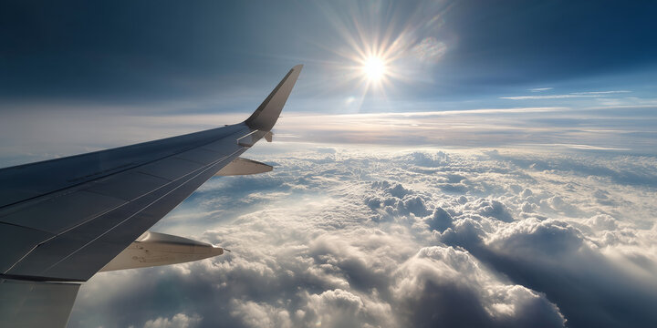 Airplane wing flying above the clouds with sun flare in the sky
