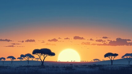 African Sunset Silhouette with Anime Style, Serene Background for Travel Blog