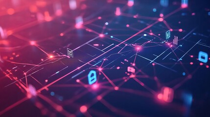 Obraz premium Abstract network visualization with glowing nodes and interconnected lines in blue and pink hues