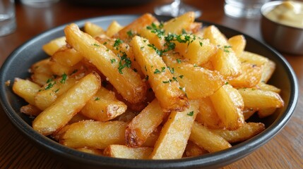 Crispy fries with parsley on restaurant table