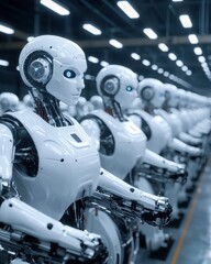 Multiple rows of sophisticated robotic aligned in a highly automated and organized industrial production facility