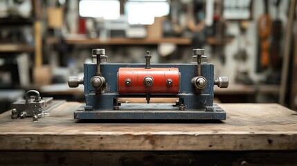 Fototapeta premium Vintage industrial machine with red cylinder, sits on worn wooden workbench in cluttered workshop