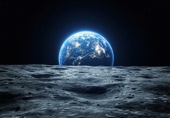 Earthrise from Moon Surface, Realistic Space View, Science Education Material