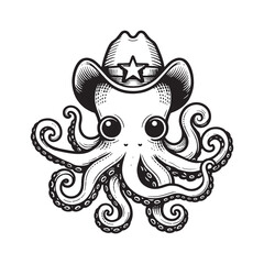 Cute Smiling Octopus in a Cowboy Hat Monochrome Illustration