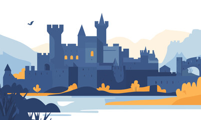 Minimalistic Blue Castle Vector Illustration with Scenic Landscape