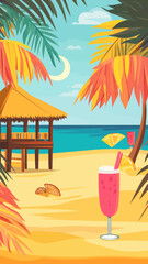 Colorful Summer Tiki Bar Flyer Design in Flat Minimalist Vector Art for Beach Party Promotions