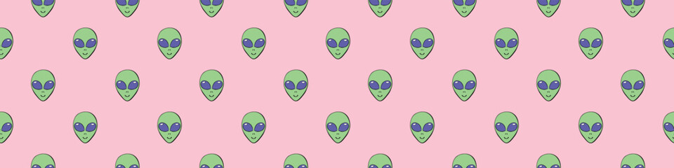 Seamless pattern with Aliens green heads in doodle flat style. Humanoids, visitors, Martians. Vector illustration, wallpaper on theme of space, UFO, conspiracy theory, Sci-fi, fantastic