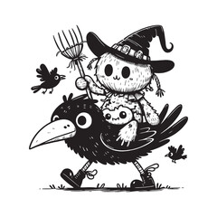Whimsical Scarecrow Riding a Giant Crow with Playful Birds Around