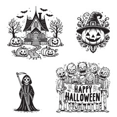 Collection of Spooky Halloween Illustrations Featuring Pumpkins and Skeletons