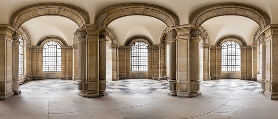 Fototapeta premium Palace hallway, arched windows, stone columns, sunlight