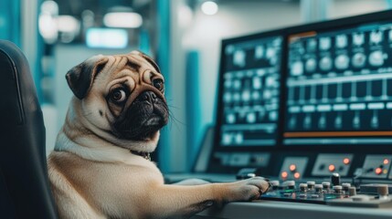 Adorable pug dog sitting at control panel in modern office environment, focused on complex computer screen