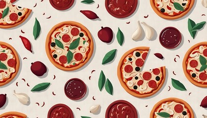 Delicious Pizza Seamless Pattern with Tasty Ingredients for Food Backgrounds