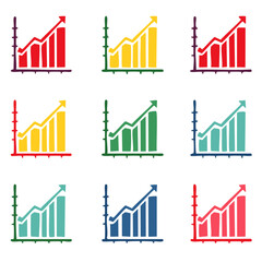 Set of Colorful Rising Bar Chart Icons Representing Business Growth and Success Metrics

