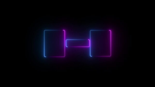 Glowing neon line of dumbbell of gym icon on black background. Motion graphic animation in 4k video.