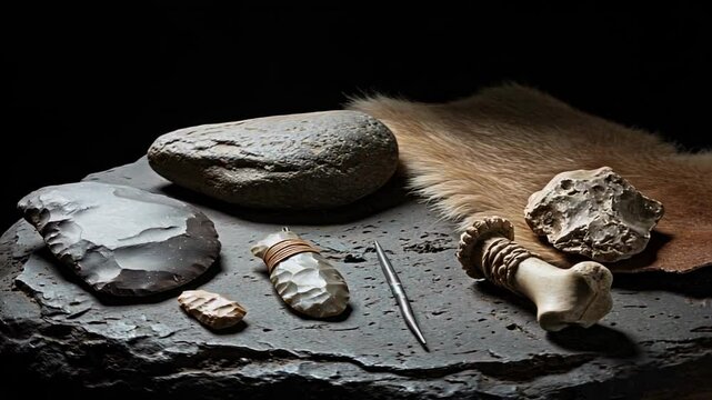 Collection of prehistoric stone age tools including hand axe, scrapers, bone implements and fur displayed on rock, illustrating archaeology, ancient technology and early human survival skills exhibit