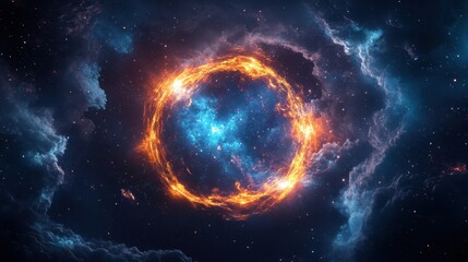 Obraz premium 3D abstract geometric structure with pulsating neon lights and tech textures in deep space