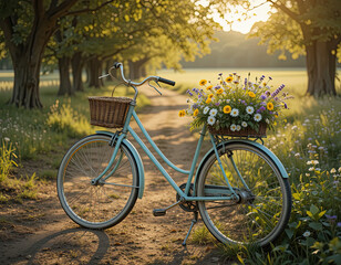 Fototapeta premium Vintage blue bicycle with wicker basket and blooming wildflowers parked on a scenic forest path under warm sunlight, perfect for spring nature, travel, and countryside themes.