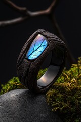 Fototapeta premium A unique ring with a blue leaf design, resting on a mossy rock.