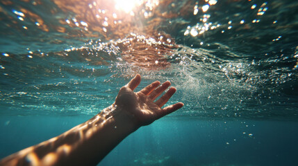 A hand emerges from the water, reaching towards the surface where sunlight sparkles. The ocean is clear, with gentle ripples around the hand creating a serene atmosphere