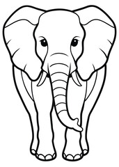 A black-and-white line drawing of an elephant facing forward, with large ears, a long trunk, and no tusks, on a plain white background.