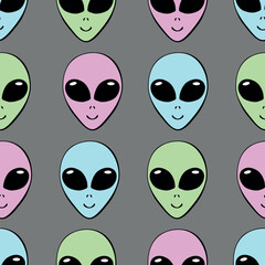 Seamless pattern with Aliens heads in doodle flat style. Humanoids, visitors, Martians. Vector illustration, wallpaper on theme of space, UFO, conspiracy theory, Sci-fi, fantastic