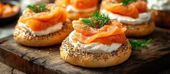 Smoked Salmon Bagels on Wooden Board
