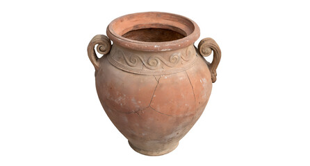 Realistic antique terracotta pot with old-world charm, textured finish, and handle accents white transparent PNG mockup for artistic and design use