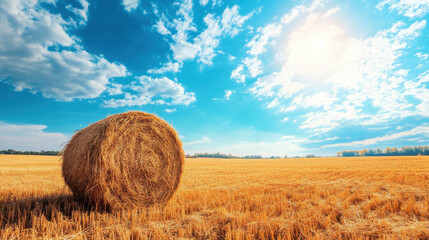 A solitary round hay bale sits in a vast golden field under a bright blue sky. The scene captures the beauty of rural life and the calm of a sunny late afternoon